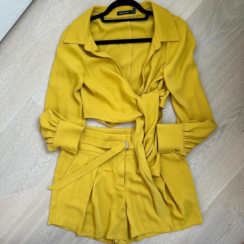 Karen Millen Top & Shorts Set Mustard Yellow Long Sleeve Belted US‎ 4